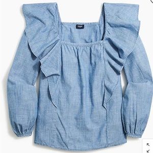 J.Crew NWT XL Denim/Chambray Square Neck Top Blouse with Ruffle